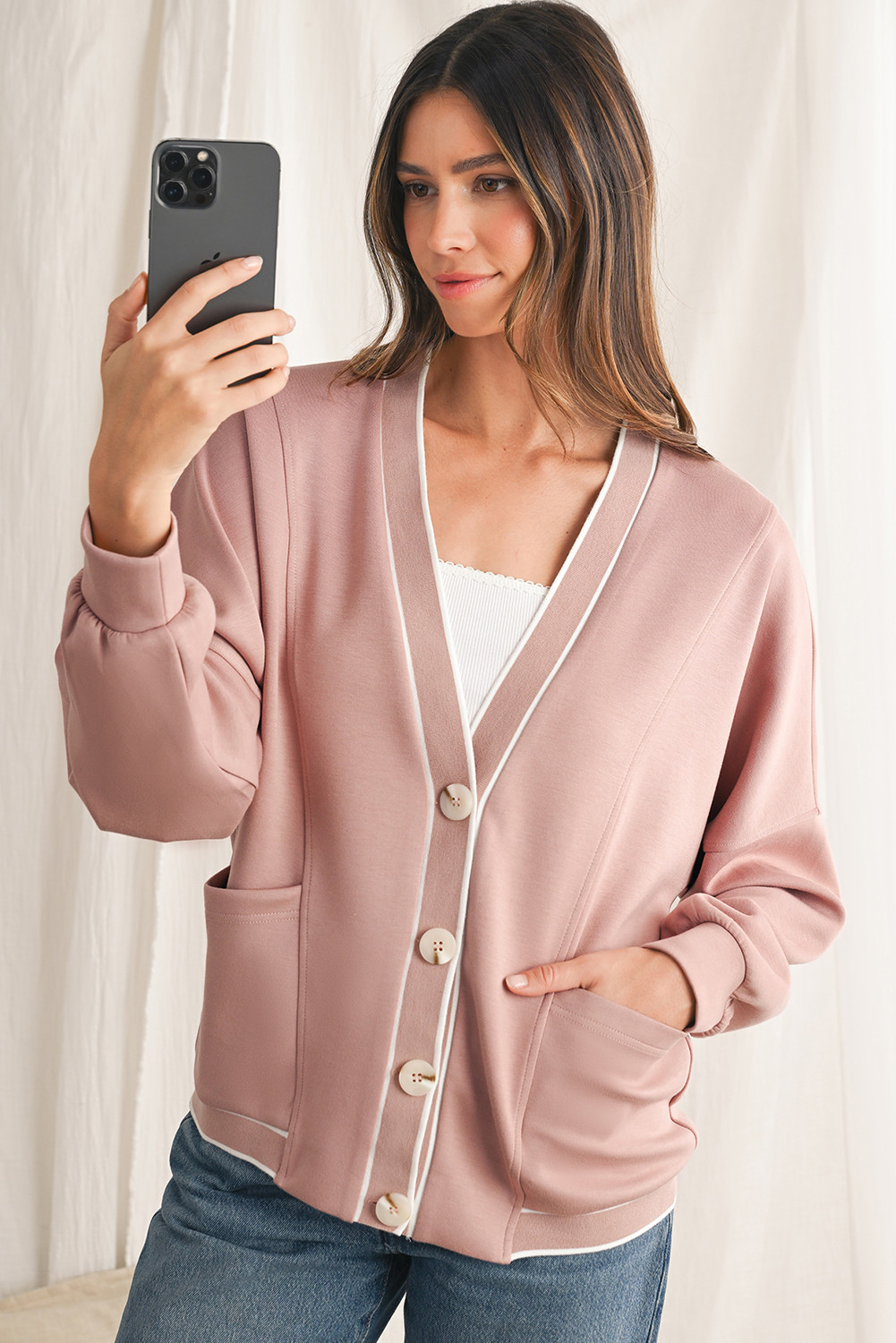 Pink Side Pockets V Neck Button Down Preppy Sweatshirt Cardigan
