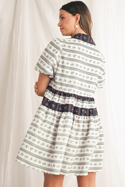 Black Boho Striped Floral Bubble Sleeve Mini Dress