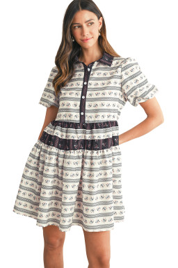 Black Boho Striped Floral Bubble Sleeve Mini Dress