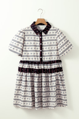 Black Boho Striped Floral Bubble Sleeve Mini Dress