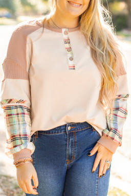 Parchment Plus Size Plaid Waffle Patchwork Henley Top