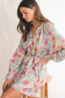 Multicolour Boho Long Sleeve V-Neck Knot Mini Dress