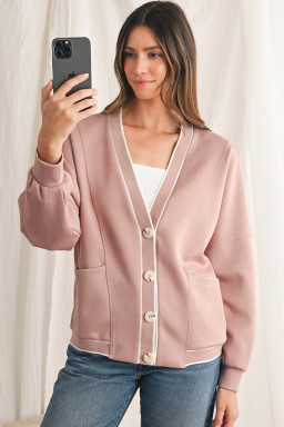 Pink Side Pockets V Neck Button Down Preppy Sweatshirt Cardigan