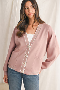 Pink Side Pockets V Neck Button Down Preppy Sweatshirt Cardigan