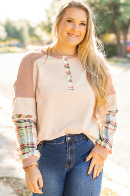 Parchment Plus Size Plaid Waffle Patchwork Henley Top