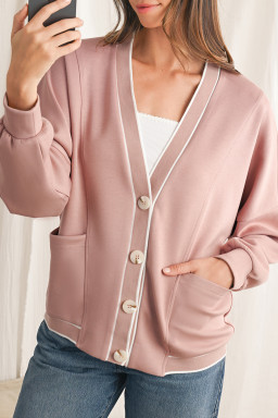 Pink Side Pockets V Neck Button Down Preppy Sweatshirt Cardigan