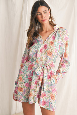 Multicolour Boho Long Sleeve V-Neck Knot Mini Dress