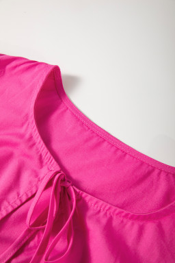 Bright Pink Tie Front Puff Sleeve Mini Dress