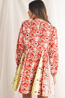 Red Boho Floral Patchwork Long Sleeve Pleated Dress