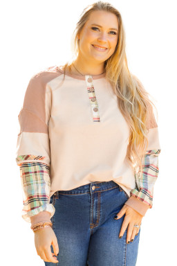 Parchment Plus Size Plaid Waffle Patchwork Henley Top