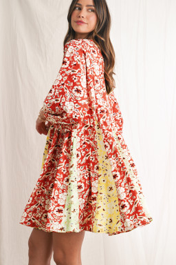 Red Boho Floral Patchwork Long Sleeve Pleated Dress