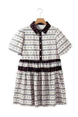 Black Boho Striped Floral Bubble Sleeve Mini Dress