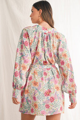 Multicolour Boho Long Sleeve V-Neck Knot Mini Dress