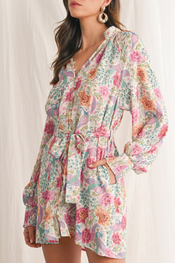 Multicolour Boho Long Sleeve V-Neck Knot Mini Dress