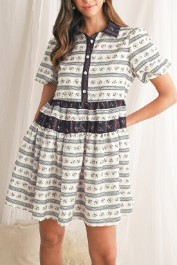 Black Boho Striped Floral Bubble Sleeve Mini Dress