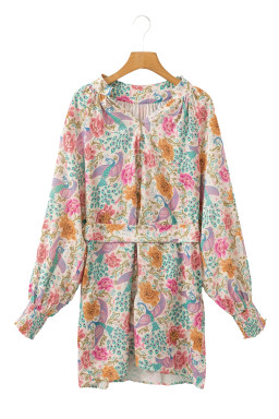 Multicolour Boho Long Sleeve V-Neck Knot Mini Dress