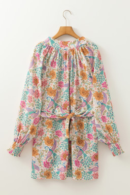 Multicolour Boho Long Sleeve V-Neck Knot Mini Dress