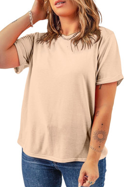 Khaki Solid Color Crew Neck Roll Up Sleeve Tee