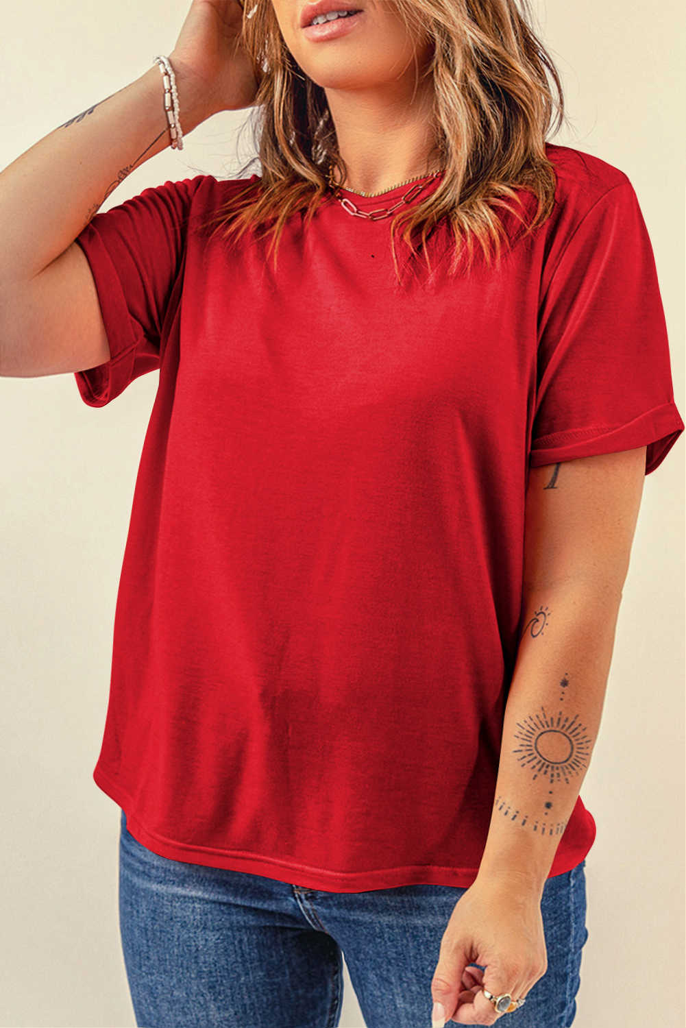 Red Solid Color Basic Crew Neck Plain Tee
