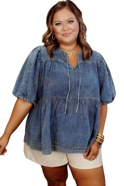 Sail Blue Plus Size Tie V Neck Puff Sleeve Denim Blouse
