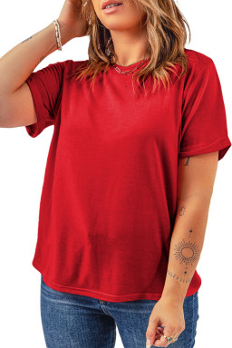 Red Solid Color Basic Crew Neck Plain Tee