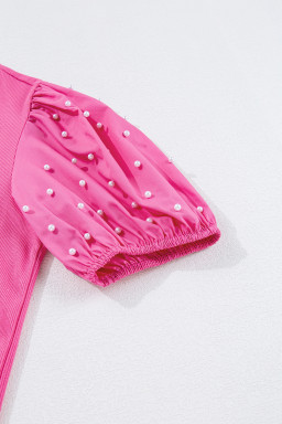 Bright Pink Pearl Beaded Puff Sleeve Ribbed Top