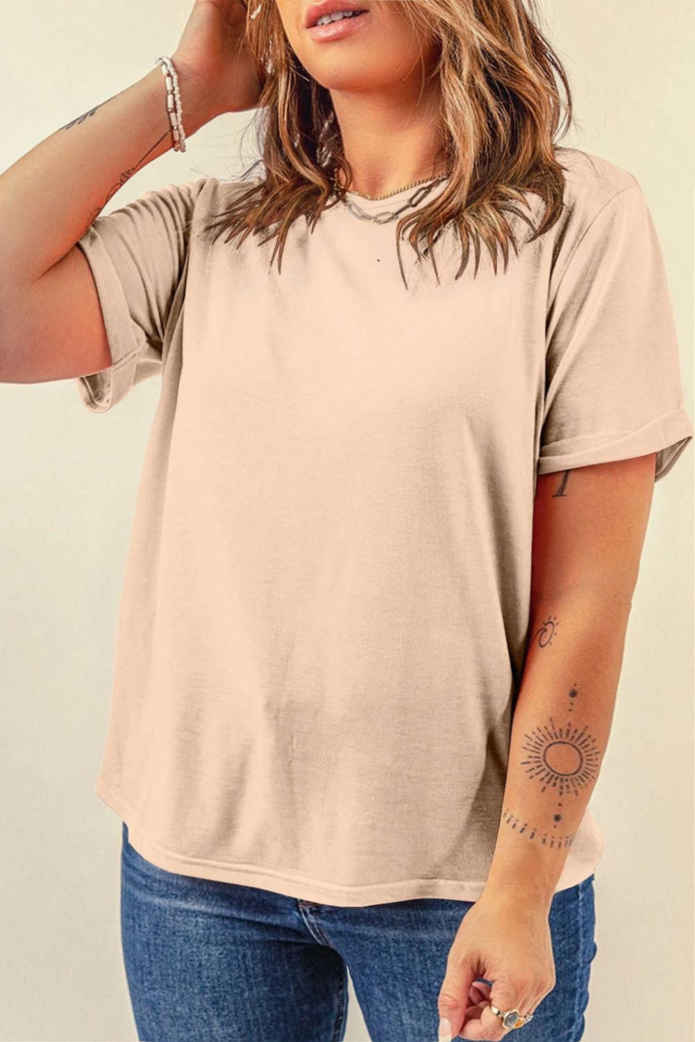 Khaki Solid Color Crew Neck Roll Up Sleeve Tee