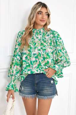 Green Abstract Print Puff Sleeve Frill Neck Shirred Blouse