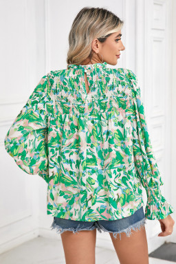 Green Abstract Print Puff Sleeve Frill Neck Shirred Blouse