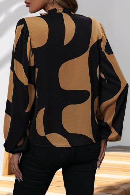 Black Abstract Print V-neck Puff Sleeve Blouse