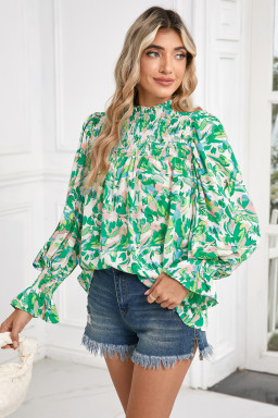 Green Abstract Print Puff Sleeve Frill Neck Shirred Blouse