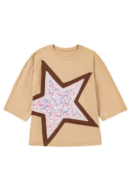 Camel Floral Star Patched 3/4 Sleeve T Shirt