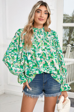 Green Abstract Print Puff Sleeve Frill Neck Shirred Blouse