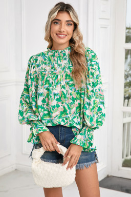 Green Abstract Print Puff Sleeve Frill Neck Shirred Blouse