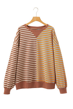 Brown Stripe Colorblock Drop Shoulder Oversize Sweatshirt
