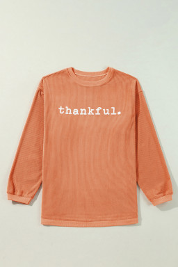 Orange thankful Letter Heat Transfer Printing Ribbed Crew Neck Thanksgiving Sweatshirt