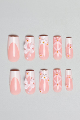 Pink 3D Bow and Flower Long Nail Stickers