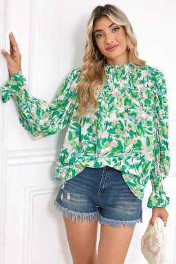 Green Abstract Print Puff Sleeve Frill Neck Shirred Blouse