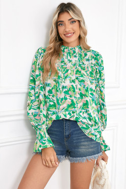 Green Abstract Print Puff Sleeve Frill Neck Shirred Blouse