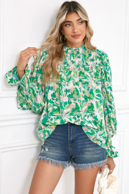Green Abstract Print Puff Sleeve Frill Neck Shirred Blouse