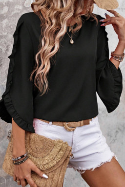 Black Frill Trim Plain Tulip Sleeve Blouse