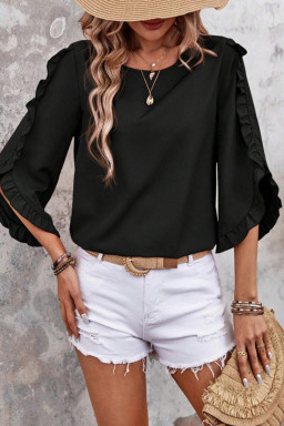 Black Frill Trim Plain Tulip Sleeve Blouse