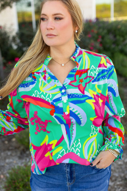 Green Plus Size Abstract Frill V Neck Puff Sleeve Blouse
