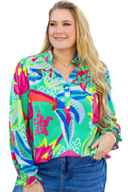 Green Plus Size Abstract Frill V Neck Puff Sleeve Blouse