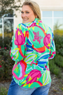 Green Plus Size Abstract Frill V Neck Puff Sleeve Blouse