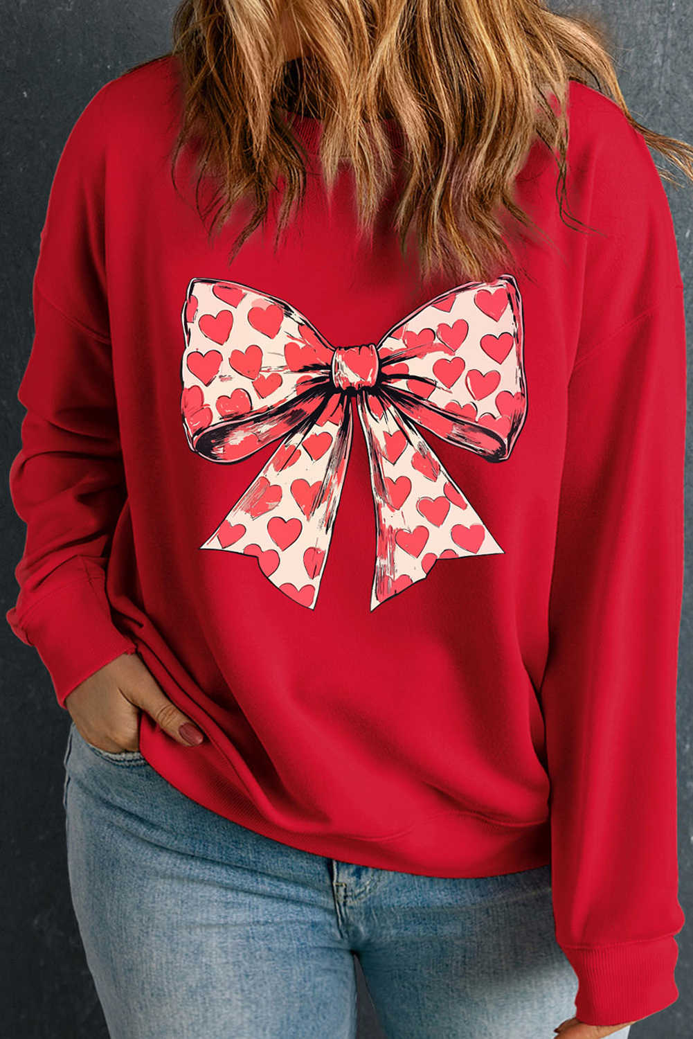 Racing Red Plus Size Valentines Hearts Bowknot Pattern Sweatshirt