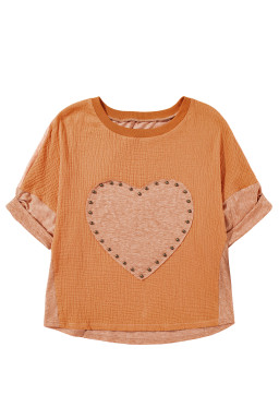 Desert Gold Stud Heart Patch Textured Dolman Top