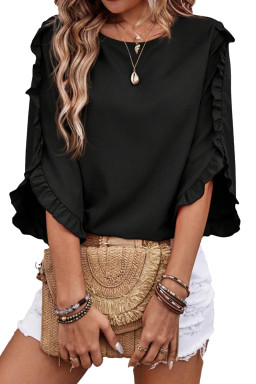 Black Frill Trim Plain Tulip Sleeve Blouse