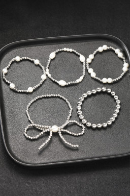 Silvery Bow Knot Pearl Beaded Multi Layered Bracelet Set