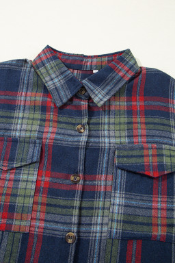 Dark Blue Plaid Chest Pocket Button Front Shirt